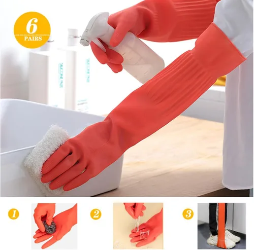 Vista 5 de 6 pares de guantes de goma reutilizables impermeables de 17.8 pulgadas de longitud hasta el codo para limpieza del hogar y lavado de platos de cocina