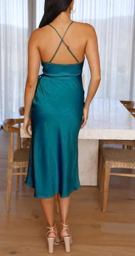 Vista 3 de Cantonwalker Vestido de fiesta de noche para mujer con tirantes delgados cuello redondo abertura de satén para invitadas de boda formal vestido