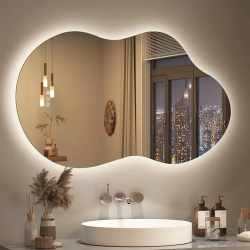 Vista 17 de SMIROR Espejo de Baño Retroiluminado Irregular con Luces 20 x 32, Espejo de Tocador con Luz LED Asimétrica en Forma de Nube para Pared
