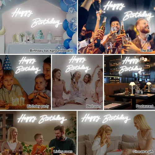 Vista 3 de Letrero de neón de gran tamaño con texto en inglés «Happy Birthday», 2 unidades, letrero luminoso de feliz cumpleaños de 12 V con interruptor