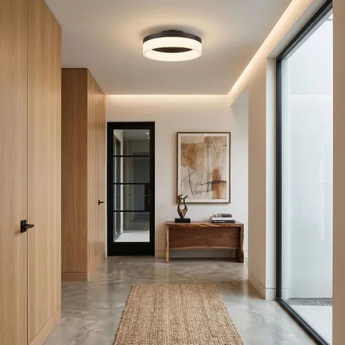Vista 2 de Quoizel Cohen - Lámpara de techo redonda semiempotrada, bronce aceitado, luz LED moderna colgante integrada para pasillo, cocina, dormitorio o baño