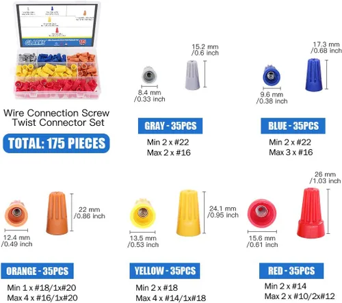 Vista 4 de Glarks Pelacables multifunción de 8 pulgadas, 10-22 AWG y 175 tuercas giratorias, conectores de cable eléctrico, terminales de tornillo con 5 piezas