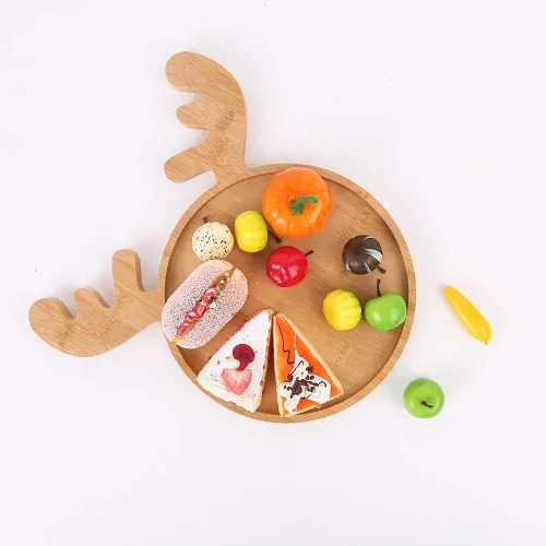 Vista 2 de Bandeja de madera para servir platos de Navidad, bandeja de plato de sushi con forma de cuerno de oreja de alce de Navidad para restaurante y hogar