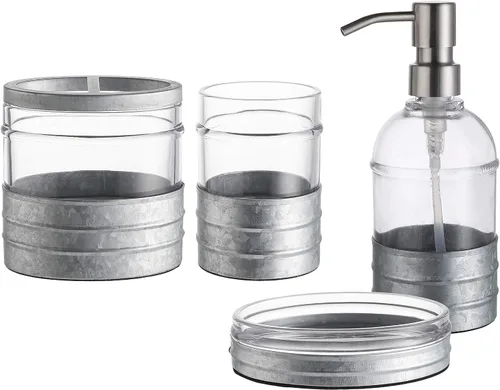 Vista 8 de Juego de 4 accesorios de baño de vidrio azul pesado con patrón decorativo prensado, incluye dispensador de jabón de mano, vaso, jabonera y soporte