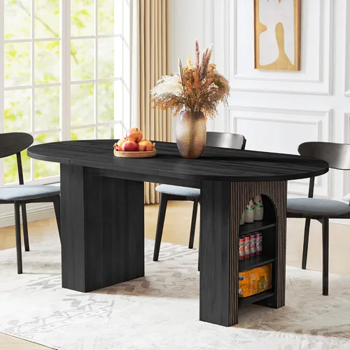 Vista 16 de Mesa de comedor extensible rectangular de 55 pulgadas–71 pulgadas para 4–6 personas, mesa de cocina expandible de estilo rústico moderno con base