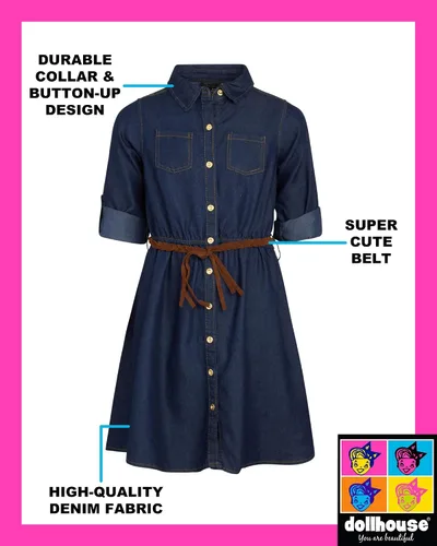 Vista 2 de dollhouse Vestido casual de mezclilla para niñas, vestido de mezclilla de manga larga para niñas, vestidos de vacaciones de invierno para niñas