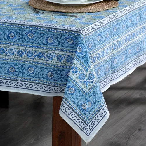 Vista 3 de Ridhi Mantel rectangular de algodón con estampado de espárragos verde Gadd de 102 x 48 pulgadas, reutilizable, decorativo para uso diario