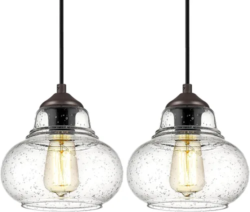 Vista 9 de ELYONA Paquete de 2 Luces Colgantes de Vidrio Burbuja, Lámpara Colgante Vintage de 8 Pulgadas de Vidrio Granulado, Luminarias Colgantes Industriales