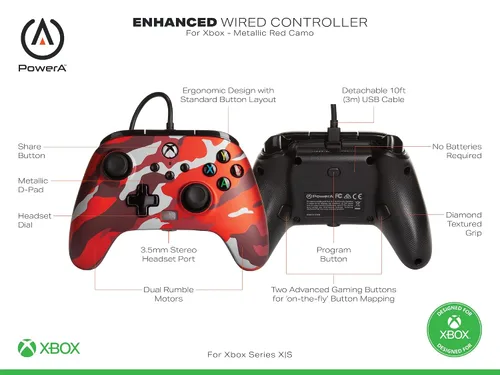 Vista 2 de PowerA Enhanced Wired Controller for Xbox Series XS - Metallic Red Camo, gamepad, wired video game controller, gaming controller, Xbox Series XS