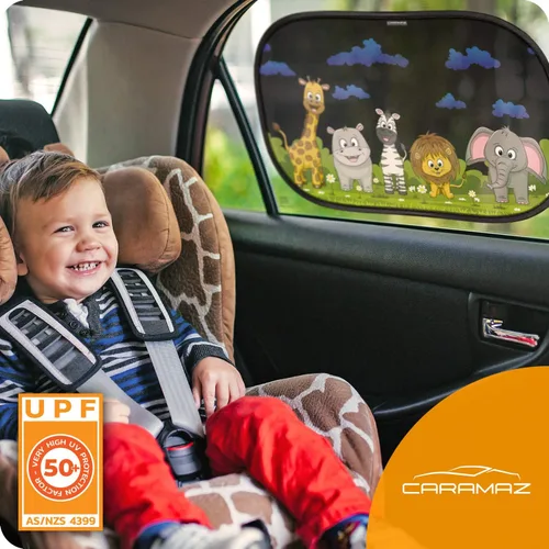 Vista 3 de CARAMAZ Paquete de 2 persianas para ventana de automóvil para bebé con protección UV certificada, 21 x 14 pulgadas