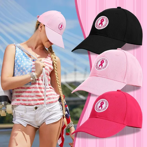 Vista 4 de 24 sombreros de concientización sobre el cáncer de mama, gorras de béisbol de cinta rosa a granel, gorra de béisbol ajustable, sombrero de algodón