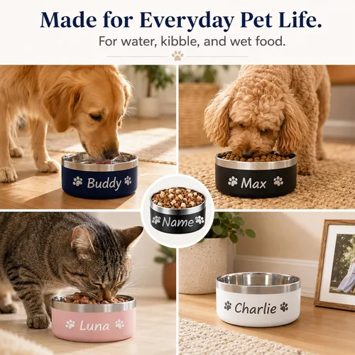 Vista 7 de Custom Dog Bowl Personalized Dog Bowls with Name Stainless Steel Non-Slip Negro