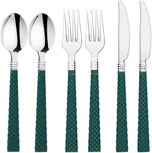 Vista 10 de N9R Juego de cubiertos de plástico dorado - 90 piezas con mango negro - Cubiertos de plástico elegantes, resistentes - 30 cucharas, 30 tenedores, 30