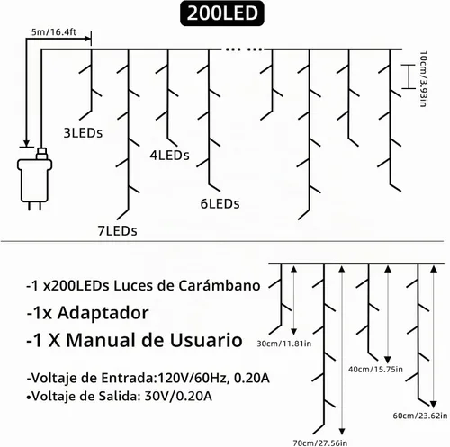 Vista 6 de Luces de Navidad de carámbano para exteriores - 200 LED 6.4+4.9 m 8 modos, cortina de luces de hadas en forma de guirnalda, enchufables