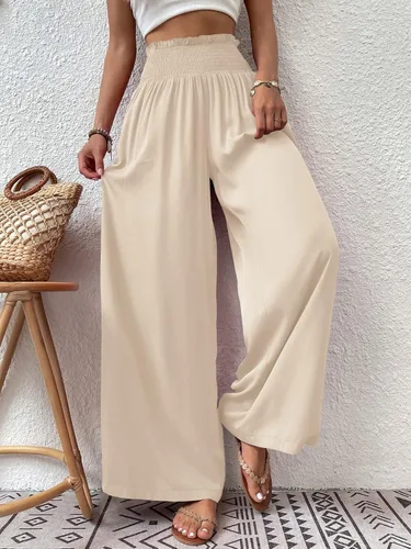 Vista 2 de Febriajuce Pantalones de cintura alta y pierna ancha para mujer, cintura elástica fruncida, pantalones holgados con bolsillos