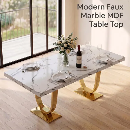 Vista 2 de Henf Mesa de comedor rectangular de mármol sintético blanco de 70 pulgadas Blanco & Oro