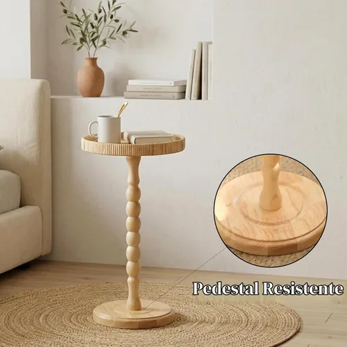 Vista 7 de Mesa pequeña para bebidas, mesa auxiliar redonda de ratán para espacios pequeños, mesa auxiliar bohemia con patas de madera maciza para sala