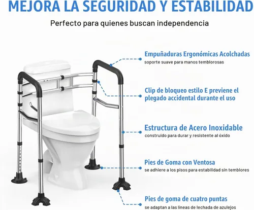 Vista 5 de Rieles de seguridad para inodoro, marco de inodoro ajustable de acero inoxidable con asas suaves y soporte para pañuelos, marco de seguridad