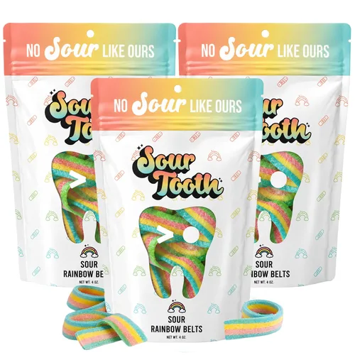 Vista 8 de Sour Tooth Cinturones de fresa, tiras de caramelo de gomitas ácidas masticables, paquete de 6, 4 onzas Soft & Chewy Strips, Sour Candy Bulk, Bulk