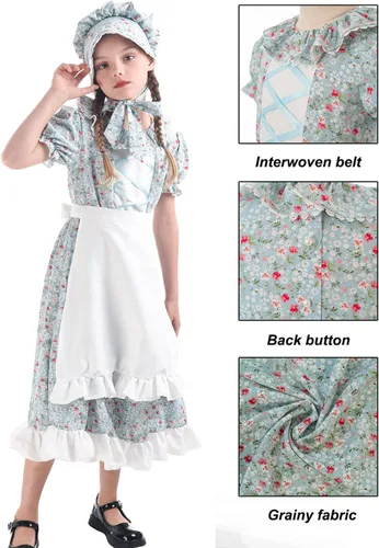 Vista 5 de FCCAM Colonial Costume Girls Short Sleeve Pioneer Dresses for Girls Laura Ingalls Wilder Dress with Bonnet