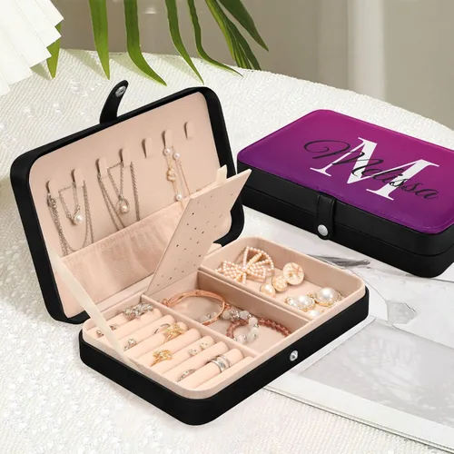 Vista 6 de Emelivor Joyero de viaje personalizado con degradado morado, doble capa, caja de joyería portátil personalizada, organizador de joyas de viaje