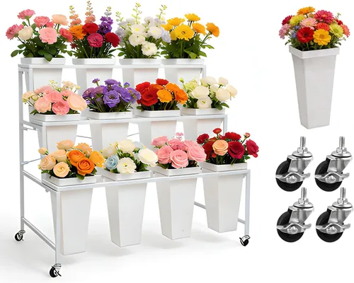 Vista 12 de Soporte de exhibición de flores de 3 niveles, soporte móvil de metal para plantas con 12 cubos, carrito de flores con ruedas, adecuado