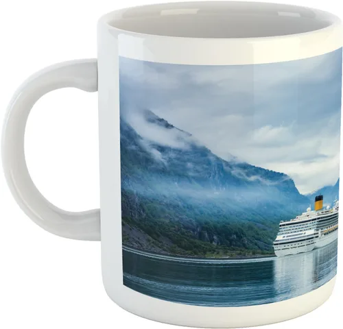 Vista 3 de Lunarable Taza navideña, Cruise Liners on Hardanger Fjorden, Noruega Mountain Summer Holidays Landscape, taza de café de cerámica para bebidas de té