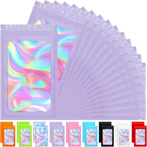 Vista 7 de 100 bolsas holográficas de tereftalato de polietileno, bolsas transparentes resellables, bolsa a prueba de olores, bolsa para pulseras, decoraciones