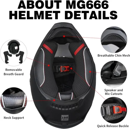 Vista 8 de Cascos para motocicleta MXJ Gear para hombres y mujeres adultos, Casco integral para motocicleta, MG666 aprobado por DOT, para carreras en la calle