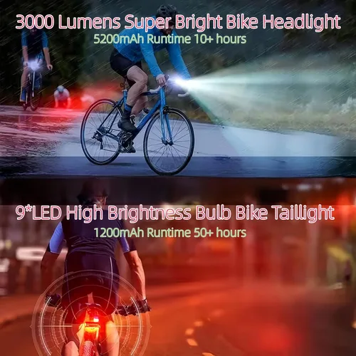 Vista 3 de Luces de bicicleta superbrillantes de 3000 lúmenes, 5200 mAh de tiempo de funcionamiento durante más de 10 horas, luces de bicicleta recargables