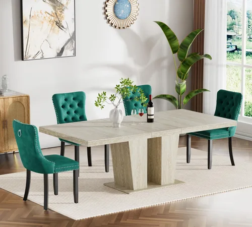 Vista 45 de Henf Juego de mesa de comedor extensible de 5 piezas para 4, 63"-79" Mesa de cocina grande extensible con 4 sillas negras acolchadas, Juego de mesa