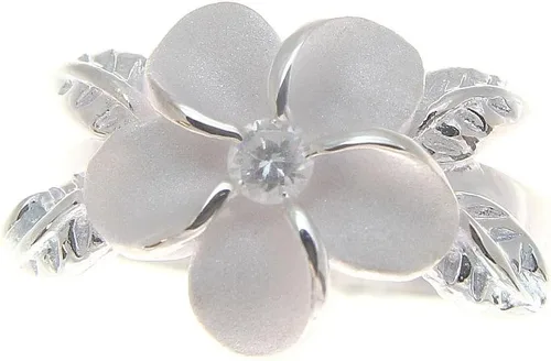 Vista 2 de Arthur's Jewelry Anillo de plata de ley 925 hawaiana de 0.472 in con flor de plumeria, hoja de maile blanca, circonita cúbica talla 1 a 11