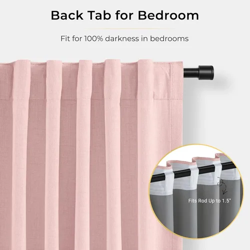 Vista 4 de INOVADAY Cortinas 100% opacas para dormitorio, cortinas opacas de color rosa bebé de 90 pulgadas de largo, cortinas opacas de lino con anillos