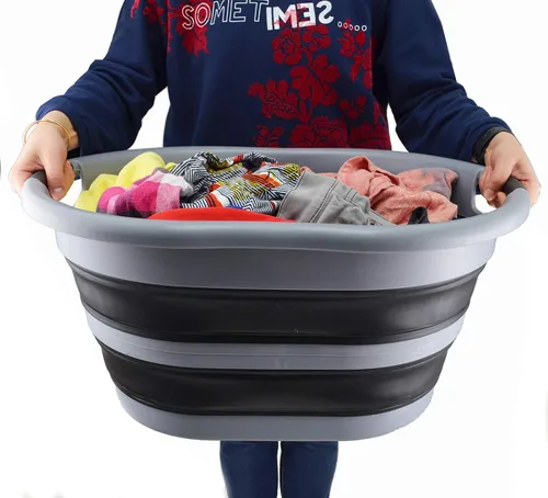 Vista 7 de SAMMART Cesta plegable de plástico para lavandería de 36L (9.5 galones) - Tina ovalada - Contenedor/organizador plegable - Tina de lavado portátil