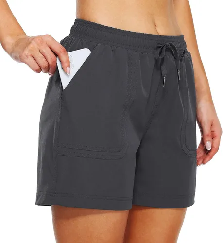 Vista 4 de Cotton Shorts Summer Sport Solid Compression Womens Cargo Pants 2023 with Pockets Drawstring Trousers High Rise Dark Gray