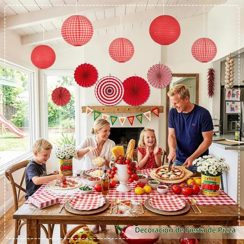 Vista 6 de Decoraciones de fiesta de cuadros rojos, 15 linternas de papel colgantes