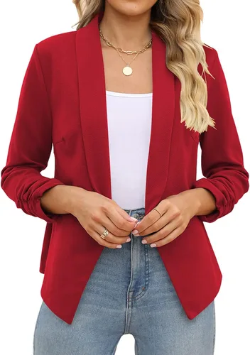 Vista 3 de POGTMM - Blazer de manga de 34 para mujer, con parte delantera abierta, chaqueta estilo cárdigan para uso en el trabajo o la oficina