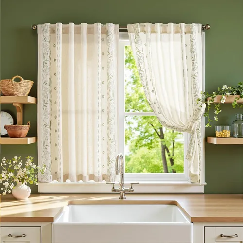Vista 35 de jinchan Cortinas de lino floral beige para cocina, 24 pulgadas, 2 paneles A Beige