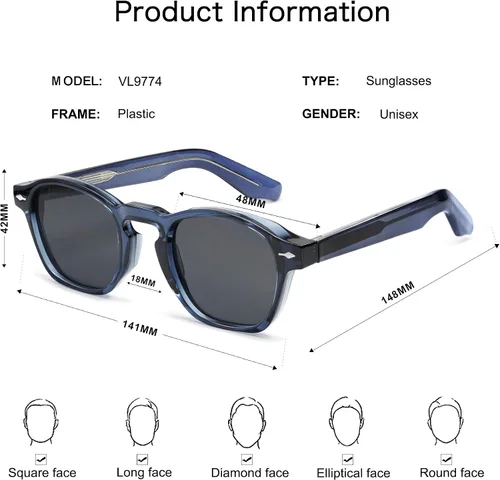 Vista 5 de VANLINKER Gafas de sol cuadradas pequeñas retro para hombres y mujeres de moda con forma de cubo fino, montura delgada, gafas de lujo VL9774