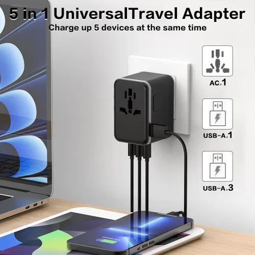 Vista 2 de Adaptador de viaje universal, adaptador de corriente internacional GaN de 70 W con 3 puertos USB C y 1 USB A de carga rápida, cargador de pared PD