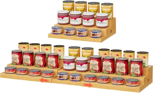 Vista 11 de Organizador de latas de bambú expandible para despensa, soporte de almacenamiento de latas ajustable de 3 niveles, organizador de soda con capacidad