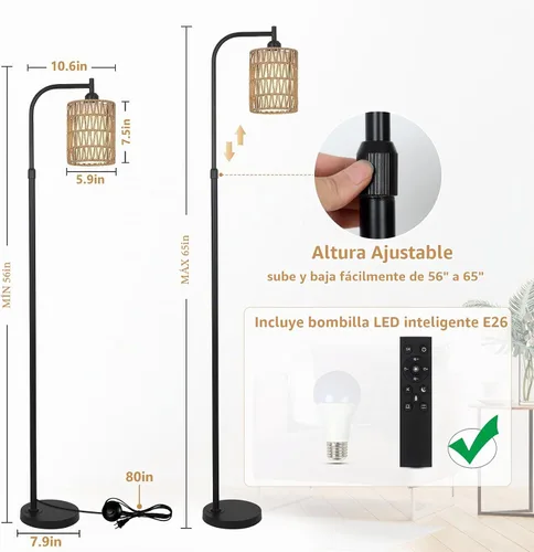 Vista 5 de LAMSU Lámpara de pie con control remoto, lámpara de pie de ratán regulable con bombilla LED, lámpara de poste alto industrial negra con pantallas