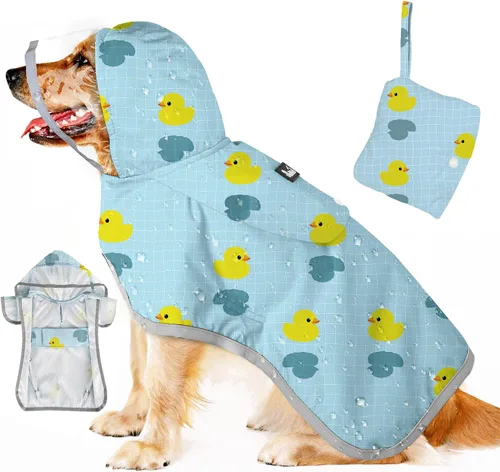 Vista 16 de SlowTon Chubasquero para perros, chaqueta de lluvia ajustable para perros con capucha transparente de doble capa, poncho impermeable con tiras
