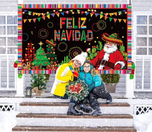 Vista 4 de Nepnuser Feliz Navidad - Telón de fondo para cabina de fotos, decoración de pared para interiores y exteriores (5.9 x 3.6 pies)