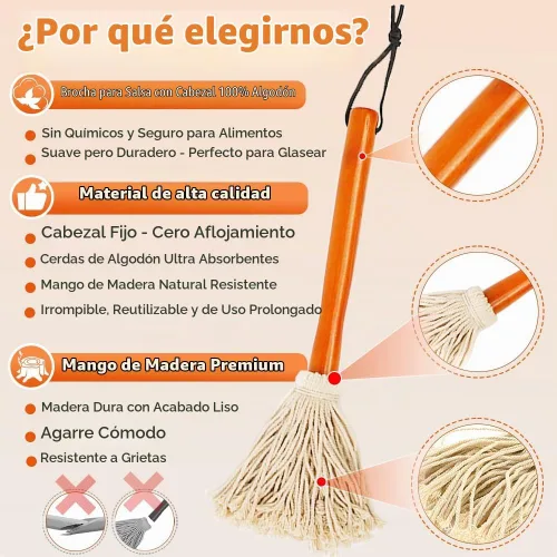 Vista 3 de Salsa de barbacoa de 12 pulgadas para asar o asar a la parrilla, aplicar barbacoa, adobo o glaseado, cabezal de fibra de algodón y mango de madera