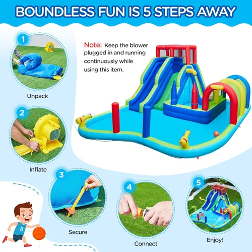 Vista 6 de Tobogán acuático inflable de Yaheetech, ventilador combinado 650W del tobogán acuático del carril doble w/Long Tunnel & Climbing Wall & Punching