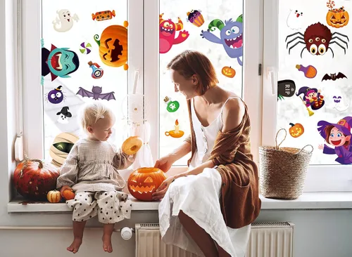 Vista 6 de BAYLAY Adhesivos para ventanas de Halloween, 10 hojas de decoración de ventanas de Halloween de doble cara para Halloween y ventanas