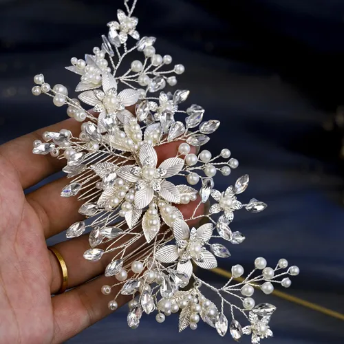 Vista 4 de Peine de pelo de novia de cristal, flor de perla, accesorios para el cabello para mujeres y niñas