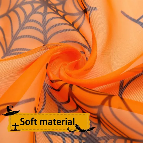 Vista 7 de Cortinas de Halloween para sala de estar, cortinas traslúcidas naranjas de 84 pulgadas de largo, 2 paneles de decoración de Halloween para el hogar