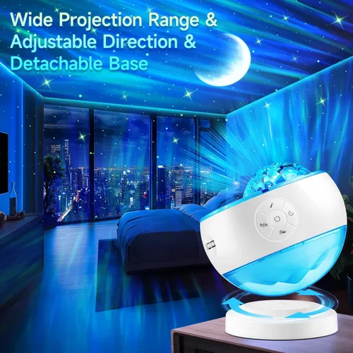 Vista 8 de Iceberg - Proyector de luces del norte, proyector de galaxia blanca con altavoz Bluetooth y 15 ruidos blancos, luz Aurora con base desmontable, más
